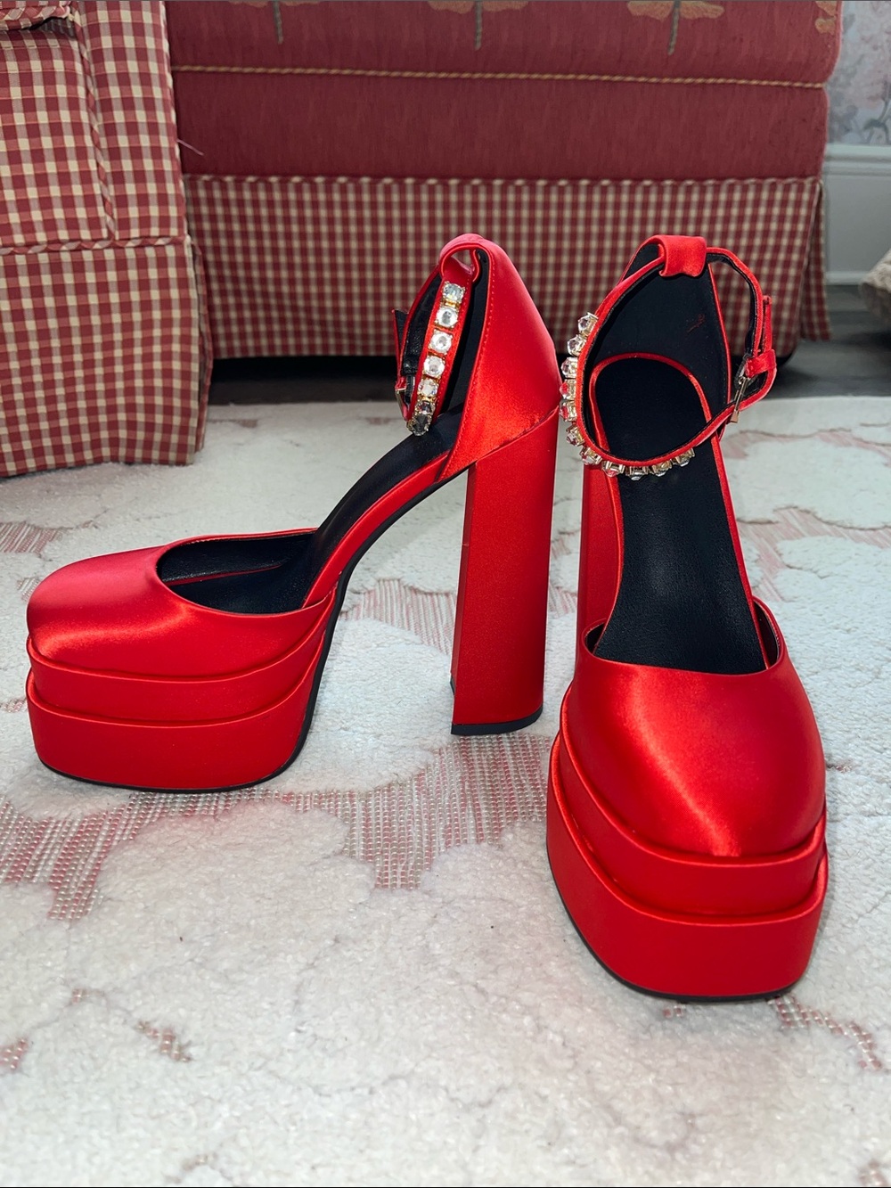 Red Satin Platform Heels with Crystal Ankle Strap